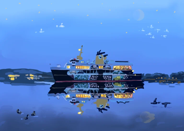 Ærøfærgen iSvendborg sund, digital kunst inspireret af Sydfyn